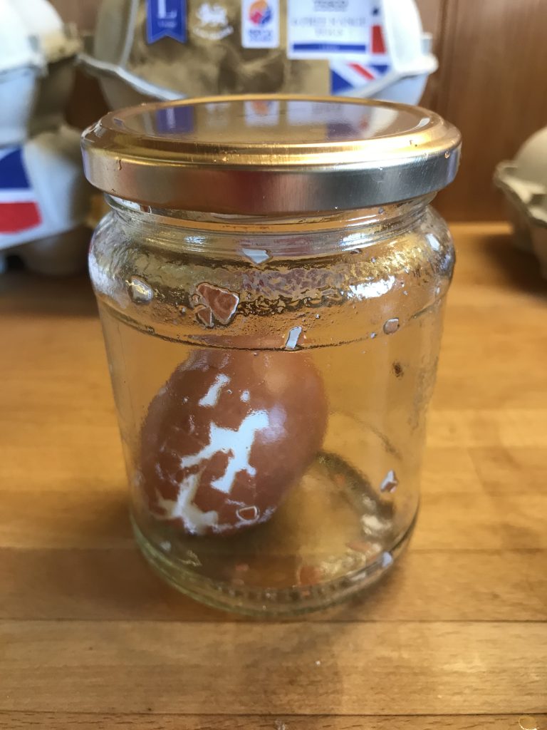 A hard boiled egg with cracked shell flaking off in a jam jar with the lid on.