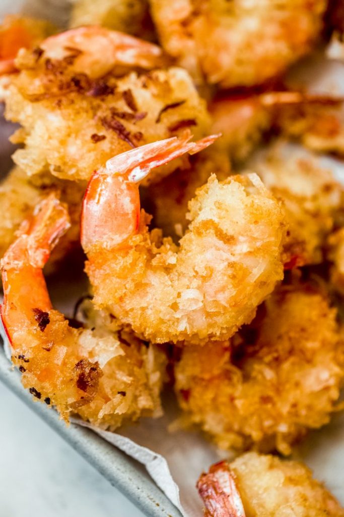 Close-up of air fried breaded shrimps