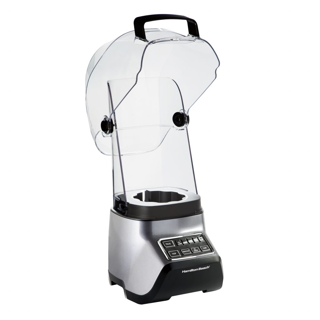 Black and silver blender with transparent acoustic shield open