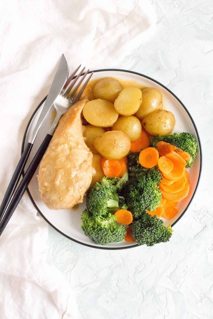Chicken coated with honey and mustard sauce on white plate with new potatoes, broccoli and carrots