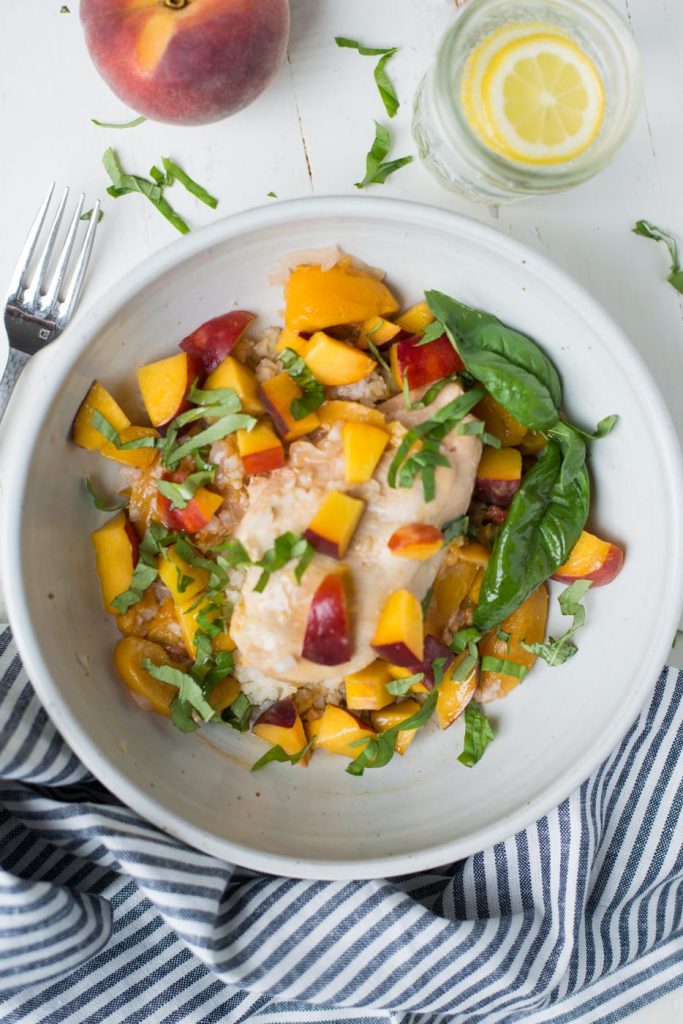 Chicken breast cooked with peach and fresh basil