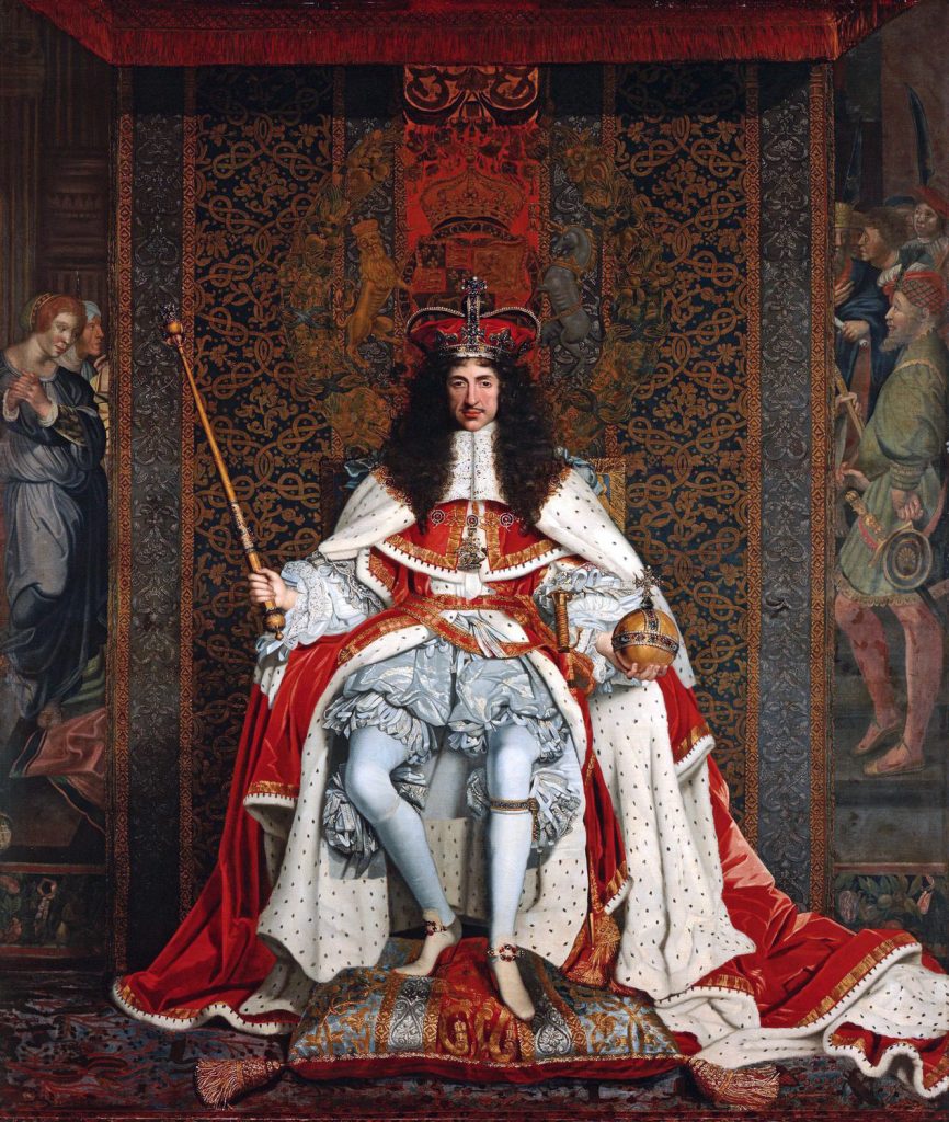 King sitting on throne holding orb and sceptre and wearing red and white robes of state