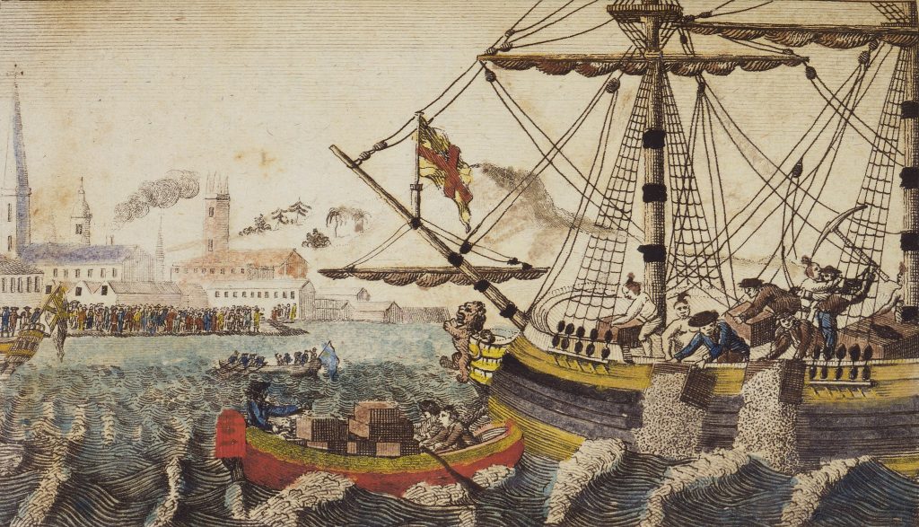 painting of Boston tea party showing men emptying tea chests from a sailing ship